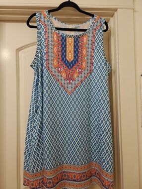 Sleeveless Blue Patterned Boho Tunic Dress with Orange Embellished Yoke
